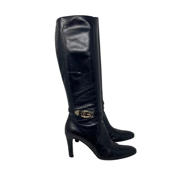 Gucci Shoes - Gucci Knee-High Boots - Black Leather with Gold Buckle Hardware - Size 6.5